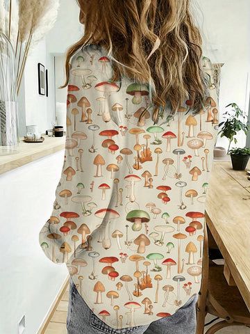 Women Fashionable Mushroom Printed Loose Long Sleeve Shirt