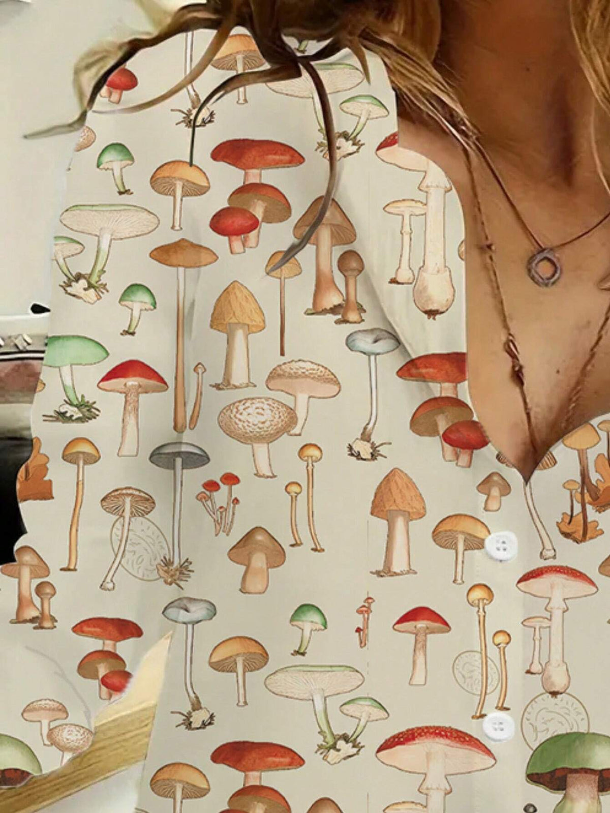 Women Fashionable Mushroom Printed Loose Long Sleeve Shirt
