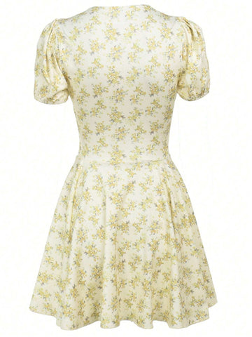 Women Fashionable Printed V-Neck Bubble Sleeve Dress
