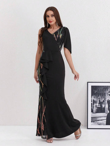 Women Fashionable Slim-Fit Irregular Cut Evening Dress