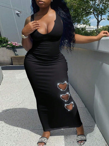 Women Fashionable Solid Color Rhinestone Decor Heart Shaped Strap Dress