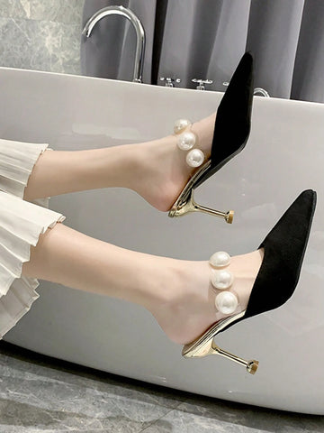 Women Faux Pearl Decor Mules, Polyester Point Toe Elegant Pumps Black