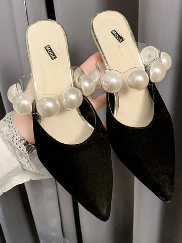 Women Faux Pearl Decor Mules, Polyester Point Toe Elegant Pumps Black