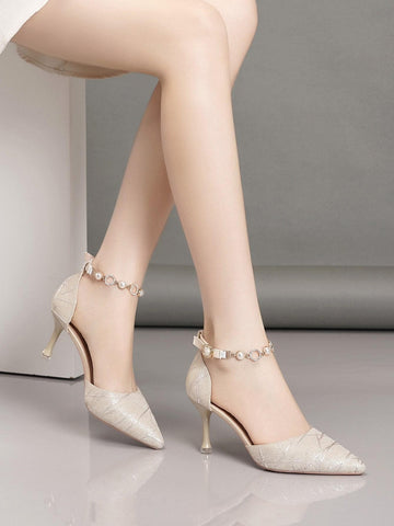 Women Faux Pearl Decor Point Toe Stiletto Heeled Ankle Strap Pumps, Fashion Outdoor Denim Pumps
