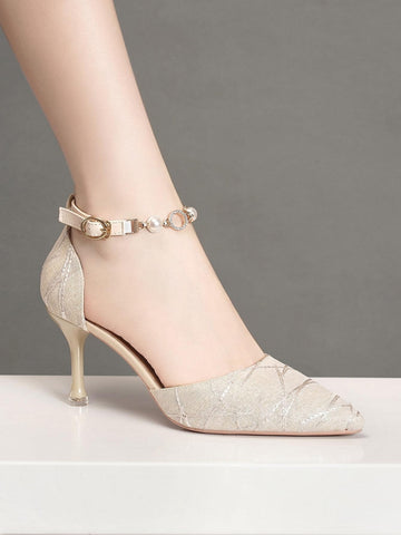 Women Faux Pearl Decor Point Toe Stiletto Heeled Ankle Strap Pumps, Fashion Outdoor Denim Pumps