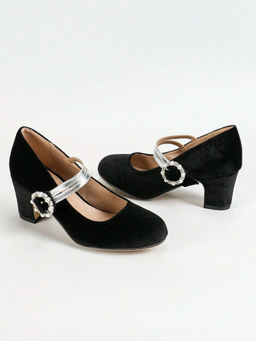 Women Faux Pearl Decor Thick Heel Pumps Fashion Round Toe Dress High Heels Stylish Ankle Strap