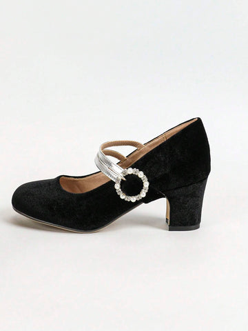 Women Faux Pearl Decor Thick Heel Pumps Fashion Round Toe Dress High Heels Stylish Ankle Strap