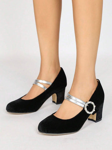 Women Faux Pearl Decor Thick Heel Pumps Fashion Round Toe Dress High Heels Stylish Ankle Strap