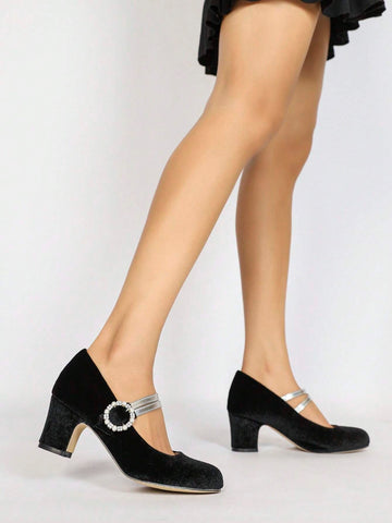 Women Faux Pearl Decor Thick Heel Pumps Fashion Round Toe Dress High Heels Stylish Ankle Strap