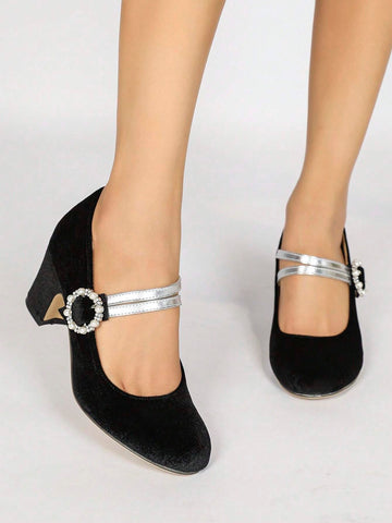 Women Faux Pearl Decor Thick Heel Pumps Fashion Round Toe Dress High Heels Stylish Ankle Strap