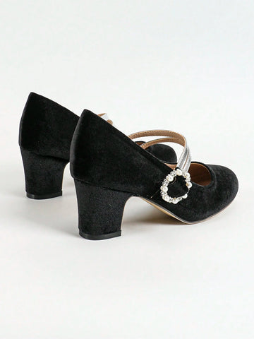 Women Faux Pearl Decor Thick Heel Pumps Fashion Round Toe Dress High Heels Stylish Ankle Strap