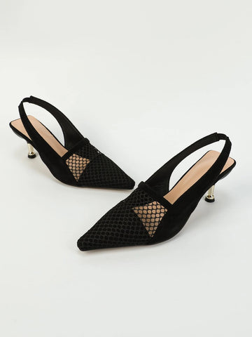 Women Fishnet Panel Slingback Point Toe Stiletto Heeled Pumps, Elegant Black Faux Suede Pumps