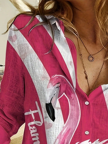 Women Flamingo Print Button Up Shirt