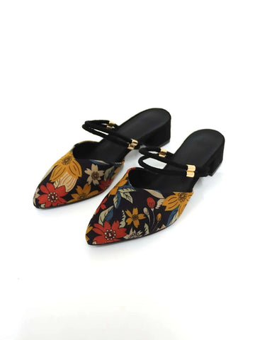Women Floral Pattern Pumps, Faux Suede Point Toe Slingback Chunky Heeled Fashionable Pumps