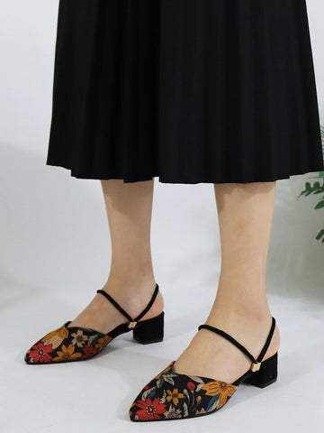 Women Floral Pattern Pumps, Faux Suede Point Toe Slingback Chunky Heeled Fashionable Pumps