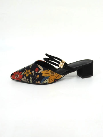 Women Floral Pattern Pumps, Faux Suede Point Toe Slingback Chunky Heeled Fashionable Pumps