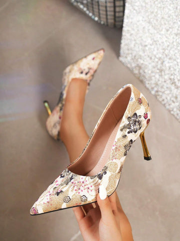 Women Floral Pattern Stiletto Heel Pumps, Non-Slip High Heels For All Season Ladies