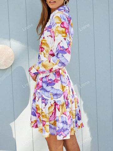 Women Floral Print Elegant Flounce Hem Short Dress, Beach/Vacation