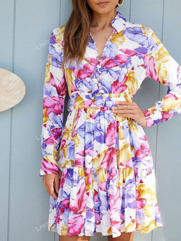 Women Floral Print Elegant Flounce Hem Short Dress, Beach/Vacation