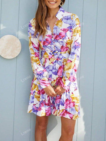 Women Floral Print Elegant Flounce Hem Short Dress, Beach/Vacation