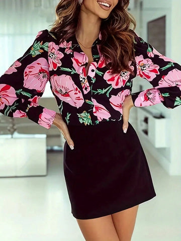 Women Floral Print Lantern Sleeve Single-Breasted Elegant Blouse, Autumn