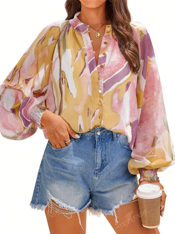 Women Floral Print Shirt, Long Sleeve Button Front Casual Bohemian Loose Blouse, Autumn