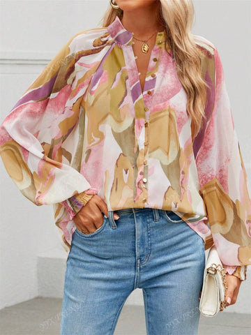 Women Floral Print Shirt, Long Sleeve Button Front Casual Bohemian Loose Blouse, Autumn