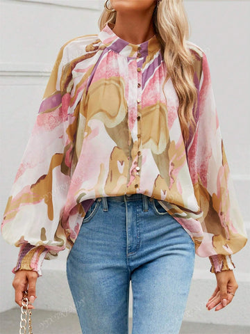 Women Floral Print Shirt, Long Sleeve Button Front Casual Bohemian Loose Blouse, Autumn