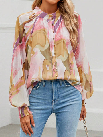 Women Floral Print Shirt, Long Sleeve Button Front Casual Bohemian Loose Blouse, Autumn