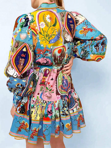 Women Floral Print Tie Front Long Sleeve Pleated Dress, Autumn