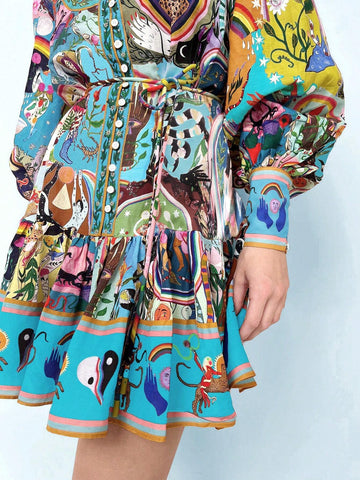 Women Floral Print Tie Front Long Sleeve Pleated Dress, Autumn