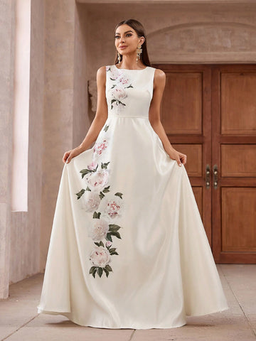 Women Floral Printed Sleeveless Dress With Cinched Waist