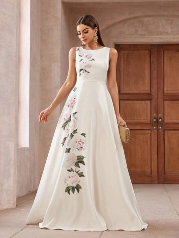 Women Floral Printed Sleeveless Dress With Cinched Waist