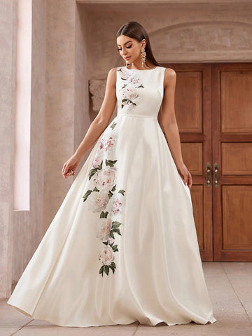 Women Floral Printed Sleeveless Dress With Cinched Waist