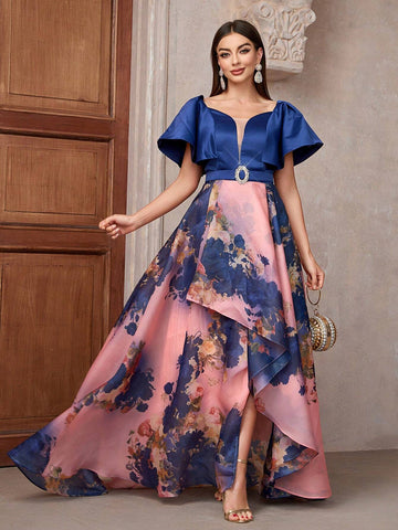 Women Floral Printed Sweetheart Neckline Ruffle Short Sleeve Long Gorgeous Bridesmaid Dress