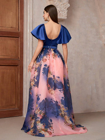 Women Floral Printed Sweetheart Neckline Ruffle Short Sleeve Long Gorgeous Bridesmaid Dress