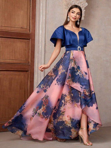 Women Floral Printed Sweetheart Neckline Ruffle Short Sleeve Long Gorgeous Bridesmaid Dress