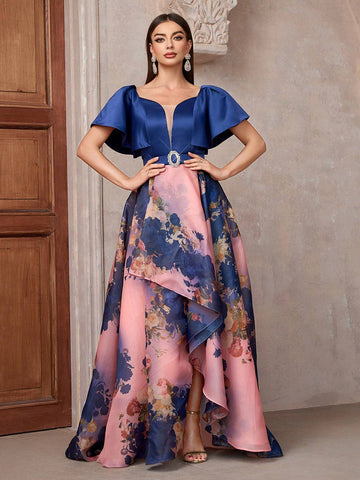 Women Floral Printed Sweetheart Neckline Ruffle Short Sleeve Long Gorgeous Bridesmaid Dress