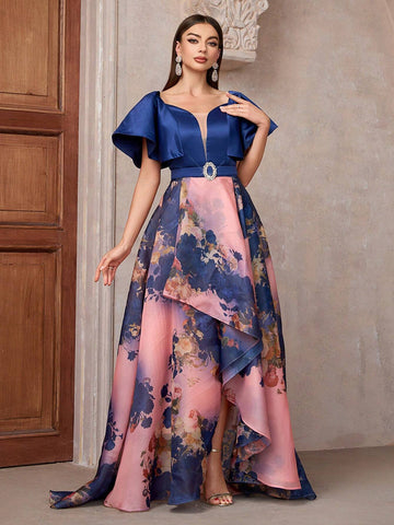 Women Floral Printed Sweetheart Neckline Ruffle Short Sleeve Long Gorgeous Bridesmaid Dress