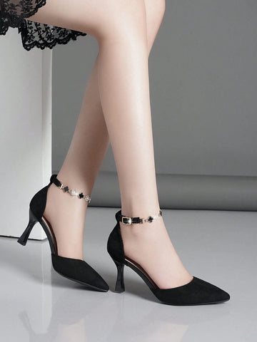 Women Flower & Faux Pearl Decor Point Toe Pyramid Heeled Pumps, Fashion Outdoor Faux Suede Ankle Strap Pumps