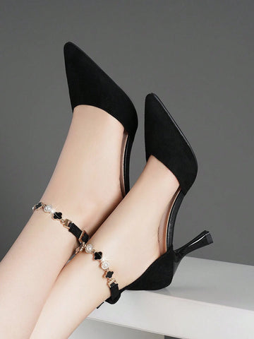 Women Flower & Faux Pearl Decor Point Toe Pyramid Heeled Pumps, Fashion Outdoor Faux Suede Ankle Strap Pumps