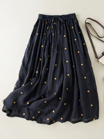 Women Flowy Elastic Waist Large Hem Pleated Skirt With Lining, Vintage Linen-Look Summer Long Skirt