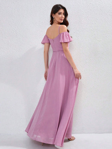 Women Formal Dress With Shoulder Strap Short Sleeves, A-Line Maxi Bridesmaid Dress, Elegant Long Spaghetti Strap High Slit Chiffon Minimalist Cocktail Dress