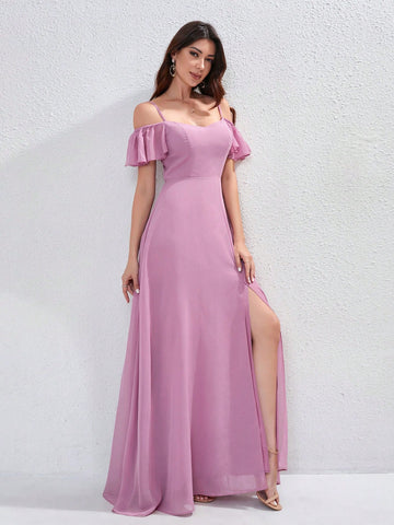 Women Formal Dress With Shoulder Strap Short Sleeves, A-Line Maxi Bridesmaid Dress, Elegant Long Spaghetti Strap High Slit Chiffon Minimalist Cocktail Dress