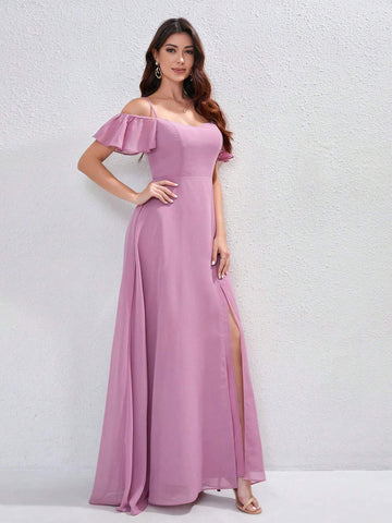 Women Formal Dress With Shoulder Strap Short Sleeves, A-Line Maxi Bridesmaid Dress, Elegant Long Spaghetti Strap High Slit Chiffon Minimalist Cocktail Dress