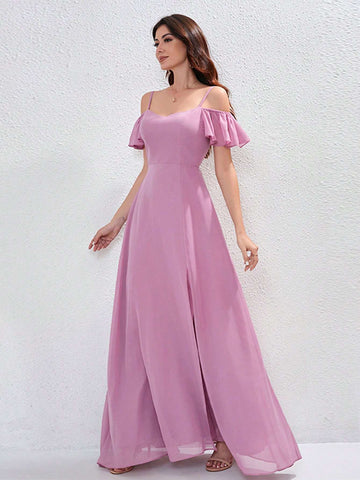 Women Formal Dress With Shoulder Strap Short Sleeves, A-Line Maxi Bridesmaid Dress, Elegant Long Spaghetti Strap High Slit Chiffon Minimalist Cocktail Dress