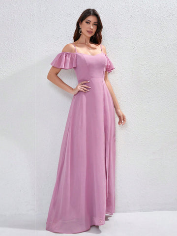 Women Formal Dress With Shoulder Strap Short Sleeves, A-Line Maxi Bridesmaid Dress, Elegant Long Spaghetti Strap High Slit Chiffon Minimalist Cocktail Dress