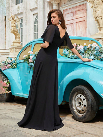 Women Formal Ruffled Sleeve Elegant Evening Dress (Heavy Industry Style)