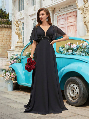 Women Formal Ruffled Sleeve Elegant Evening Dress (Heavy Industry Style)