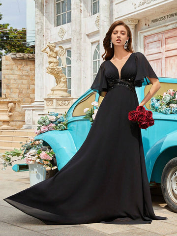 Women Formal Ruffled Sleeve Elegant Evening Dress (Heavy Industry Style)